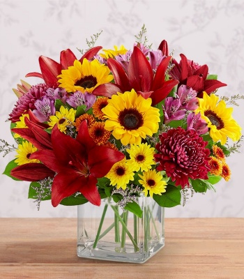 Sunflowers and Lilies in Vase