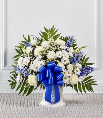 Sympathy Flower Basket Blue And White Flowers