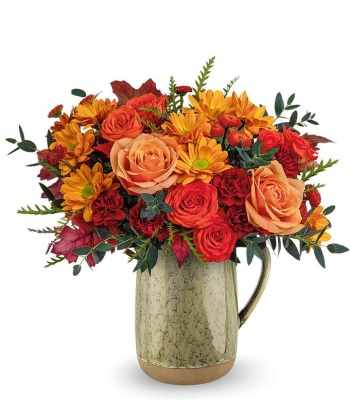 Thanksgiving Flowers in Rustic Ceramic Pitcher