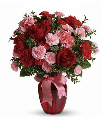 Valentine's Day Flowers in Red Glass Vase