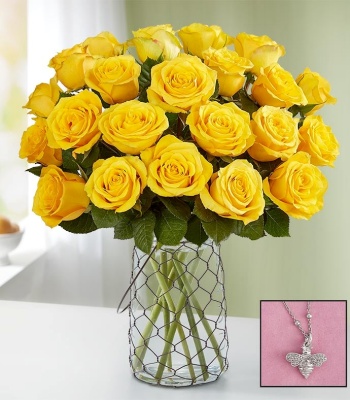 Yellow Roses with Ross-Simons Bee Necklace